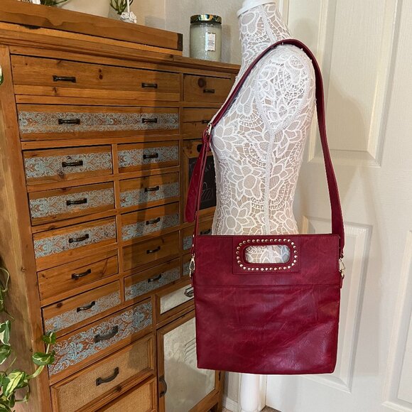 Vegan Tote / Red & Gold Studs / Crossbody Bag - NWOT - Picture 2 of 9